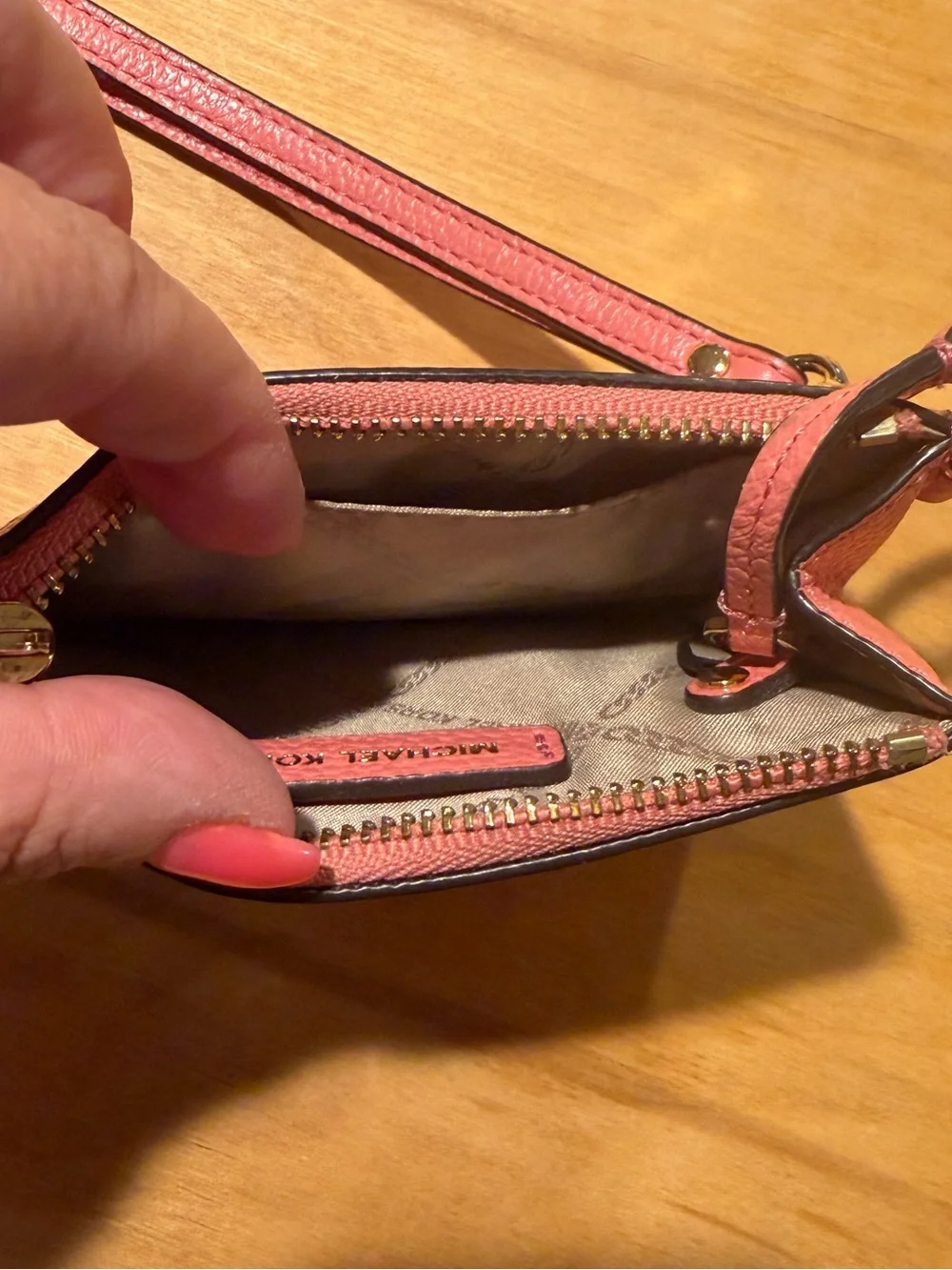 Michael Kors Rose Pink Pebbled Leather Wristlet Card Case with Gold Hardware